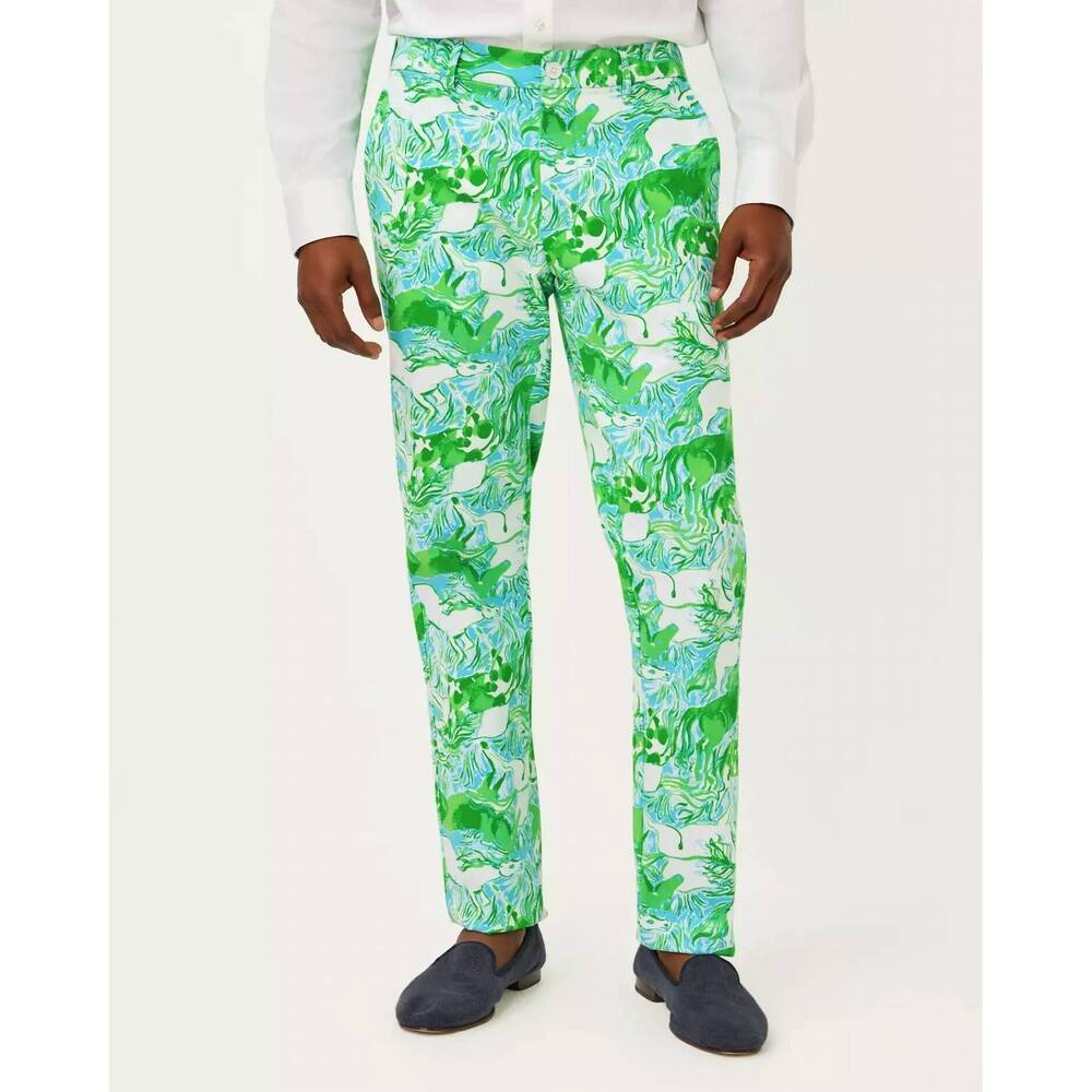 NEW LILLY PULITZER men's stuff mizner stretch pant in capri blue galloping gals